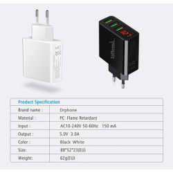 Dr. Phone-DrPhone Thuislader 3 poorten USB-oplader 2.4A Smart Fast Charge Lader met LED-display real-time status - Zwart€ 16,95€ 14,01DrPhoneKabel & Lader7091139902726