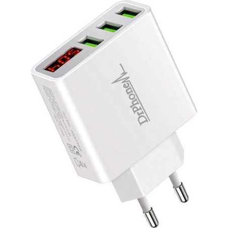 DrPhone - Thuislader 3 poorten USB-oplader 2.4A Smart Fast Charge Lader met LED-display - Wit