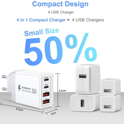 DrPhone HALO9 - 55W 4 USB Poorten - Snel Lader – 2x USB-C PD 3.0 20W – 2x USB 3.1A Thuislader- Oplader 9V 2.2A – Wit