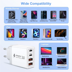 DrPhone HALO9 - 55W 4 USB Poorten - Snel Lader – 2x USB-C PD 3.0 20W – 2x USB 3.1A Thuislader- Oplader 9V 2.2A – Wit