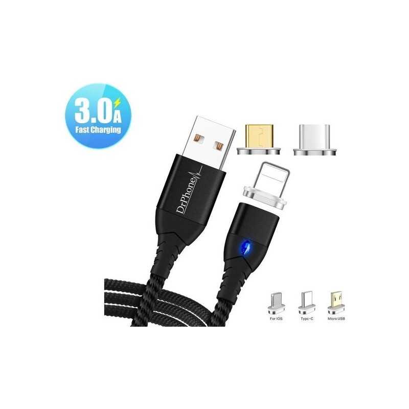 Dr. Phone-DrPhone FLM 3 in 1 Magnetische Micro-USB/ USB C & Lightning 3A Gevlochten - 1M- Oplaadkabel + Datakabel & Led– Zwart€ 16,95€ 14,01DrPhoneTelefoniekabel8720118724989