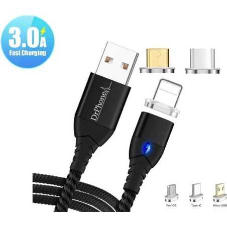 Dr. Phone-DrPhone FLM 3 in 1 Magnetische Micro-USB/ USB C & Lightning 3A Gevlochten - 1M- Oplaadkabel + Datakabel & Led– Zwart€ 16,95€ 14,01DrPhoneTelefoniekabel8720118724989