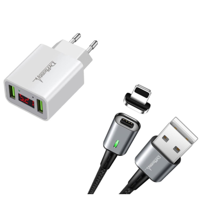 Dr. Phone-DrPhone iCON - Magnetische Lightning Oplaadkabel 3A + Thuislader 2 poorten USB Oplader 2.2A met LED Display - Zwart€ 16,95€ 14,01DrPhoneLaders8720118481905