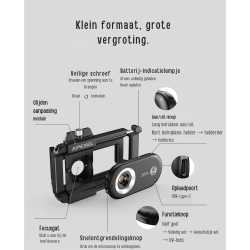 Dr. Phone-DrPhone APL PhoneMicro - 3-in-1 Telefoonlens – 100x/150x/200x - LED Verlichting - Ingebouwde CPL-filter - 3 helderheidsniveaus€ 97,95€ 80,95(Telefoon) Opzet Lens / Lenzen