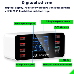 DrPhone WL2 Multi USB 8-poorts Smart Hub - 40W Wandlader - Oplaadstation met Qualcom 3.0 & Type C PD 20W Poort met LED-display
