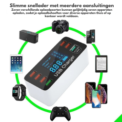 DrPhone WL2 Multi USB 8-poorts Smart Hub - 40W Wandlader - Oplaadstation met Qualcom 3.0 & Type C PD 20W Poort met LED-display