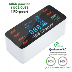 DrPhone WL2 Multi USB 8-poorts Smart Hub - 40W Wandlader - Oplaadstation met Qualcom 3.0 & Type C PD 20W Poort met LED-display
