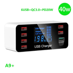 DrPhone WL2 Multi USB 8-poorts Smart Hub - 40W Wandlader - Oplaadstation met Qualcom 3.0 & Type C PD 20W Poort met LED-display