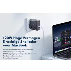 DrPhone HyperCharge V2 – 120W GaN Multipoort Oplader - 3x USB-C + USB Oplader - PD 3.0 & QC 3.0- Ultrasnel Opladen
