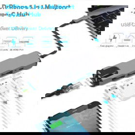 DrPhone ND1 - 5 in 1 Multiport Type-C Hub - Hdmi 4K - 1x Gigabit(1000M) Ethernet - 2 x USB 3.0 - USB C /Thunderbolt