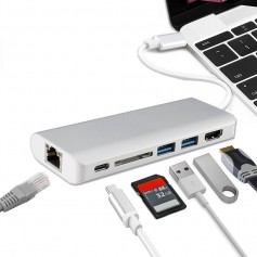 DrPhone - 6 in 1 Luxe Hub - USB Type-C Hub naar HDMI Adapter 4K + Ethernet Adapter RJ45 1000Mbps + 2x USB 3.0 Poort +