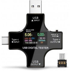 DrPhone USB Digitale Tester - Multimeter – Veiligheidstester + USB C input + Extra losse Micro USB adapter - Zwart