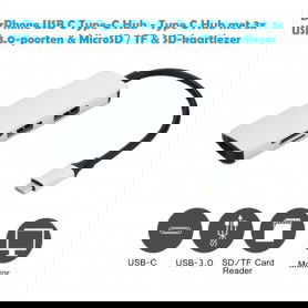 DrPhone USB C Type-C Hub - Type C Hub met 3x USB 3.0-poorten & MicroSD / TF & SD-kaartlezer (zilver, zwart)