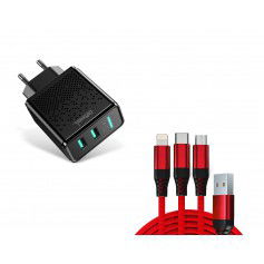 DrPhone - ACC02 IQ Smart 2 Poort Lader - 5V 2.4A - 2 USB Poorten + 3 in 1 Kabel (USB-C + Lightning + Micro USB) 1 Meter - Zwart