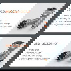 DrPhone Invisible3 USB QC3.0 3A/9V Autolader - Snel Opladen -12-24V- 36W met Digitale Display Spanningsdetectie - Zilver