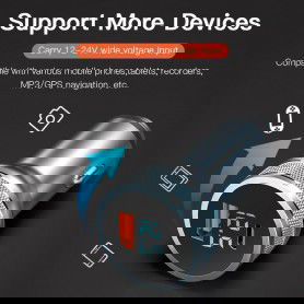 DrPhone Invisible3 USB QC3.0 3A/9V Autolader - Snel Opladen -12-24V- 36W met Digitale Display Spanningsdetectie - Zilver