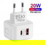DrPhone PDQ 2 Poorten Qualcom 3.0 & PD 20W Snel Lader – Wandlader 5V/3A - 9V / 2.2A USB-C Oplader- Universeel – Wit