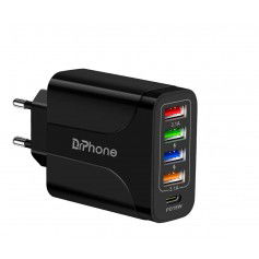 DrPhone HALOXIII – 48W 4 USB Poorten Snel Lader + USB-C PD 18W - QC 3.0 & 3.1A Thuislader- Oplader - Universeel – Zwart