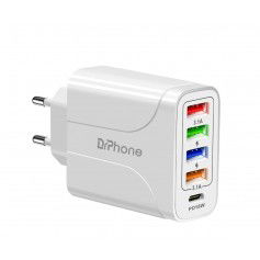 DrPhone HALOXIII – 48W 4 USB Poorten Snel Lader + USB-C PD 18W - QC 3.0 & 3.1A Thuislader- Oplader - Universeel – Wit