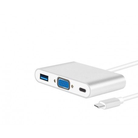 DrPhone 3 in 1 Type C Hub Converter 4K (1x Type-C, 1x VGA , 1x USB 3.0) USB C Hub) - Chrome Zilver