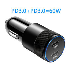 DrPhone Invisible5 Dubbele USB C Autolader 60W 2-poorts PD 3.0 Opladen - 12/24V – Universeel