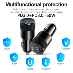 DrPhone Invisible5 Dubbele USB C Autolader 60W 2-poorts PD 3.0 Opladen - 12/24V – Universeel