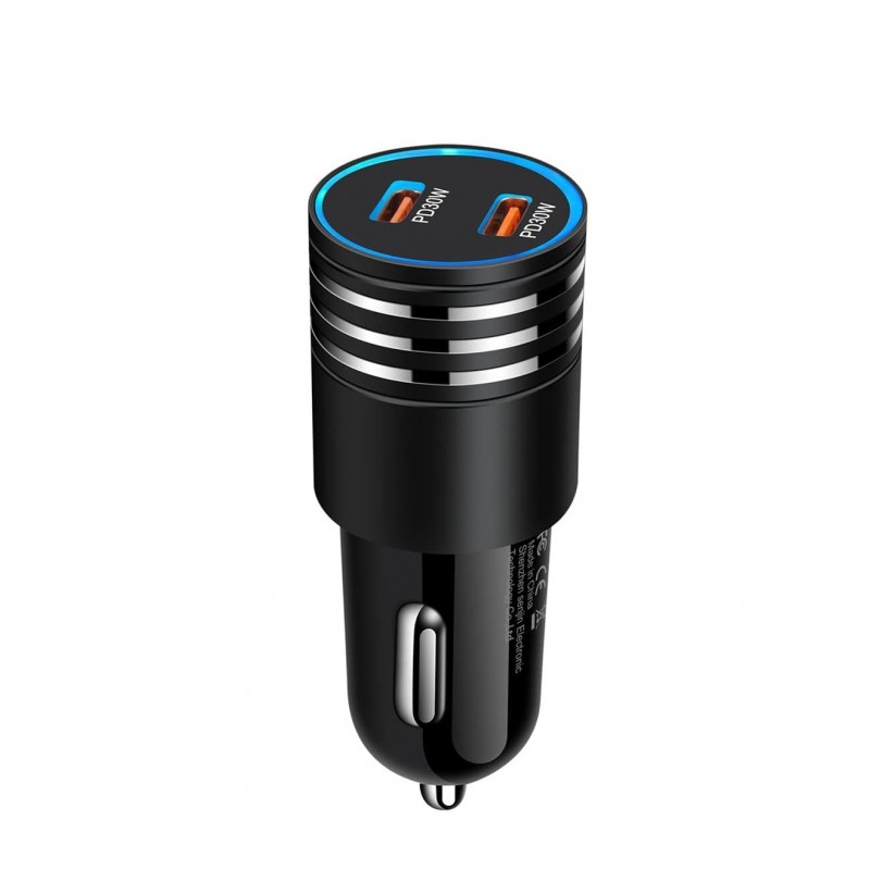 DrPhone Invisible5 Dubbele USB C Autolader 60W 2-poorts PD 3.0 Opladen - 12/24V – Universeel