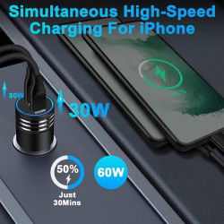 DrPhone Invisible5 Dubbele USB C Autolader 60W 2-poorts PD 3.0 Opladen - 12/24V – Universeel