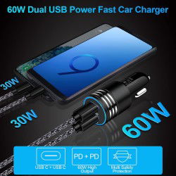 DrPhone Invisible5 Dubbele USB C Autolader 60W 2-poorts PD 3.0 Opladen - 12/24V – Universeel