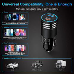 DrPhone Invisible5 Dubbele USB C Autolader 60W 2-poorts PD 3.0 Opladen - 12/24V – Universeel