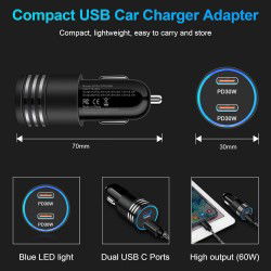 DrPhone Invisible5 Dubbele USB C Autolader 60W 2-poorts PD 3.0 Opladen - 12/24V – Universeel