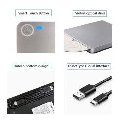 Dr. Phone-DrPhone DW9 Externe 3D Blu-Ray CD/DVD-Drive Speler- USB 3.0 en Type-C - Slot-in CD DVD-brander met Smart Touch - Zilver€ 99,95€ 82,60DrPhoneDVD/RW Spelers8720118025826